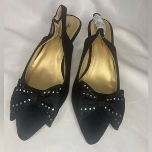 Angel Steps Adorable Black Pump Women’s 8.5 M Bow Rhinestones 3” Heel Faux Suede